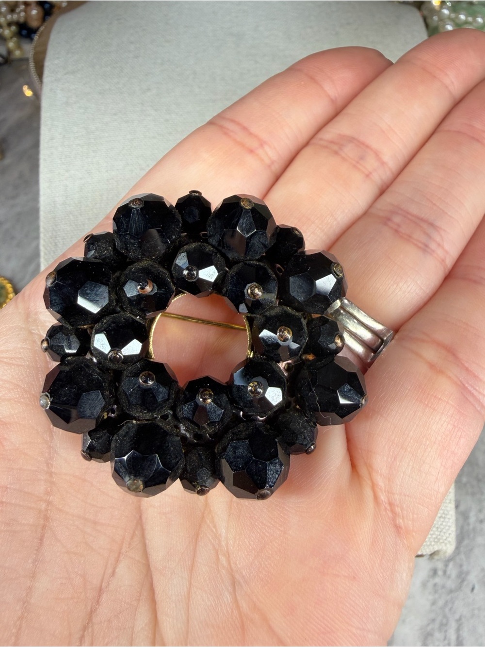 Vintage Black Glass Brooch Mourning Pin Whimsical Goth Victorian Jewelry